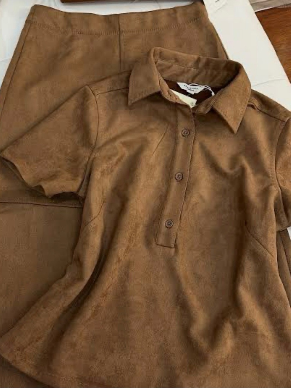 Brown Suede-Look Polo Top